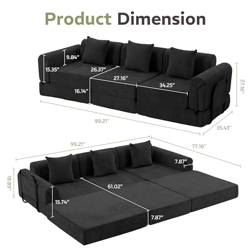 Image of 100 inch Convertible Sofa Bed, 5-in-1 Modular Sectional Cloud Couch with Fixed-Shape Frame & Storage Pocket, No Assembly Required Boneless Sleeper Sofa for Living Room, Chenille Black