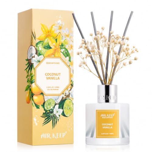 Image of Airkeep Reed Diffuser Set,3.38 fl oz (100 ml) - Coconut Vanilla Oil Diffusers with 8 Reed Sticks, Home Fragrance Reed Diffuser for Bathroom Shelf Decor