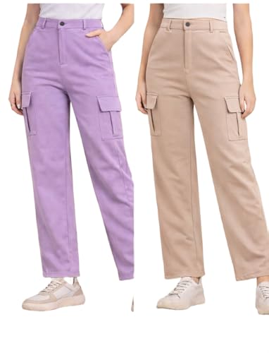 Image of Women's Cargo Pants High Waisted Baggy Wide Leg Cargo Trousers Casual Loose Fit 4 Pocket Utility Streetwear Fashion Work Bottoms, White Black Pink Lavender Beige Brown