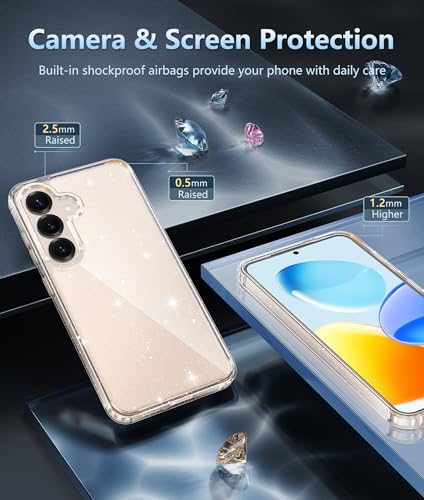 Image of FNTCASE for Samsung Galaxy S25 Case: Military Grade Drop Protection Anti Yellowing Cell Phone Cover - Rugged Shockproof Protective Bumper Transparent Cases(Glitter)