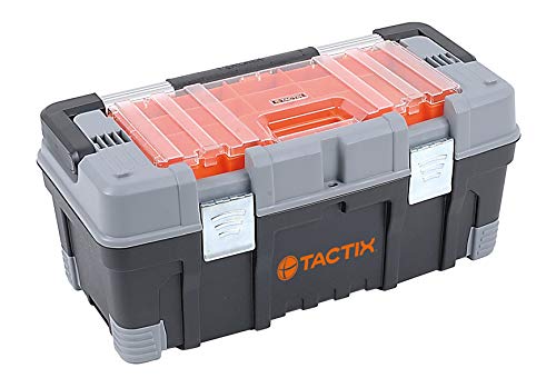 Tactix 22 Inches Tool box with Removable top organizer, Cary Tray, Dual Steel Latches, Full Length Handle, Grey/Black, Dimensions: 56W x 28D x 25H cm- 320304