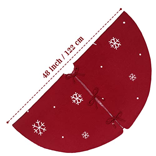 Limbridge Christmas Tree Skirt, 48 Inches Knitted Skirt With Reindeers And Snowflakes Pattern, Thick Rustic Xmas Holiday Decoration, Burgundy And Cream #TOP4