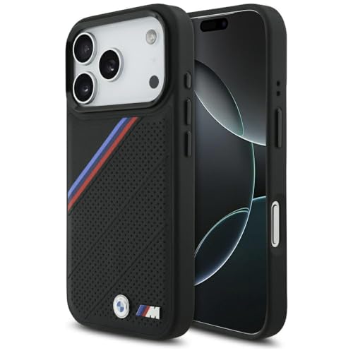 Image of CG MOBILE BMW [Official Licensed] Protective Case Designed for iPhone 17 Pro |Magnetic Compatible|M Collection|Pu Leather Tricolor Slanted Stripes & Metal Logos -Black