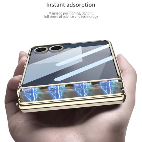 Image of Midkart Magnetic Cover Compatible with Samsung Galaxy Z Flip 7 Release 2025 Hinge Protection Leather Case Kickstand Electroplated with Front Glass and Camera Protection, Fiber Black