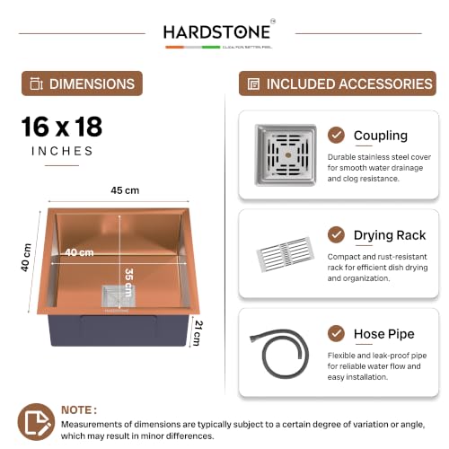 Image of HARDSTONE Premium Kitchen Sink | Single Bowl 16x18x9 Inch | Handmade Heavy Duty Stainless Steel Wash Basin with Matte Rose Gold Finish | Includes Waste Hose Pipe, Coupling & Drying Rack | Rose Gold