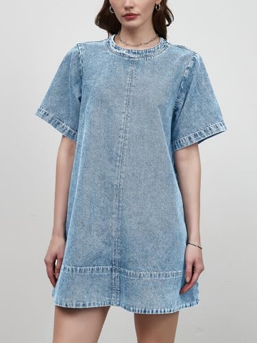 Image of LifeShe Denim Dress for Women Summer Casual Short Sleeve Chambray Mini Jean Dresses with Pockets