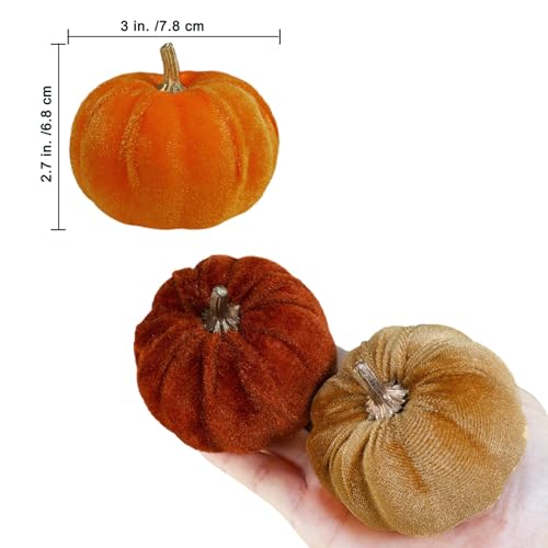 Image of Winlyn Set of 12 Small Faux Fall Harvest Velvet Pumpkins Decorative Fabric Foam Pumpkins in Rust Orange Champagne Gold 3 inch for Autumn Farmhouse Wedding Halloween Thanksgiving Table Centerpiece Decor