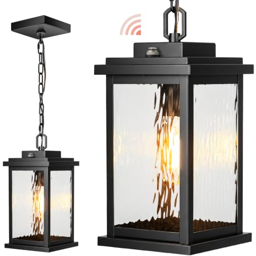 Image of Gleamz Large Outdoor Pendant Lights, Black with Dusk to Dawn Sensor | Outdoor Pendant Lights for Porch, Aluminum Waterproof Exterior Hanging Lighting Fixtures for Balcony, E26 Socket, No-Solar
