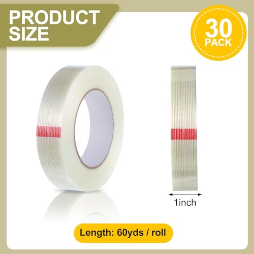 Image of Treela 30 Rolls 1 Inch x 60 Yards Filament Strapping Tape Heavy Duty Fiberglass Reinforced Packing Shipping 5.5 Mil Transparent Tape for Sealing Binding Fixing