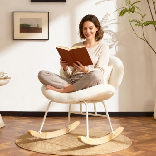 VINGLI 25.6" Extra Wide Criss Cross Nursery Rocking Chair,Cute Curved 115° Reclining Armless Glider,Teddy Small Rocker w/Pillow & Solid Wood for Indoor,Bedroom, Living Room,Teddy Fleece,White