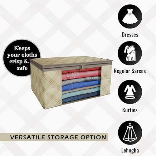 Image of Kuber Industries (Pack of 12) Saree Covers | Non-Woven Saree Bags (9 Inch) Clothes Bag for Women | Foldable Storage Bag for Almirah (Check Print) Sari Cover Bags | Cream & Black