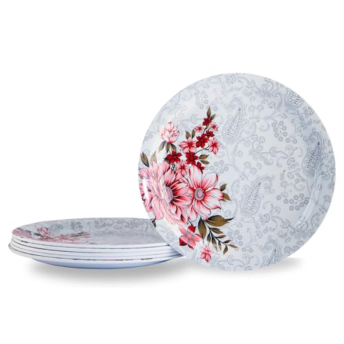 Image of Melamine Quarter Plates | Round Half Plate Serving Set| Break Resistant | Plates for Snacks, Lunch, Dinner | Plates for Home, Office, Restaurant | Set of 6 | 7 Inch's (Red Flower)