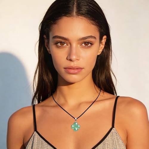 FANASY Natural Green Aventurine Four Leaf Clover Pendant Necklace for Faith Hope Love and Luck Black Rope Chain St. Patrick's Day - Image 5