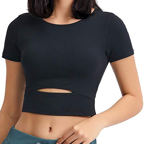 Workout Crop Tops for Women Short Sleeves Tummy Open Front Cut Athletic Yoga Shirt Workout Tank Top with Built in Bra(Black, US12)