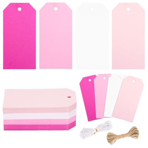 G2PLUS Pink Gift Tags 2x4in 120Pcs Blank Paper Hang Tags with String for Mothers Day Wedding Favors Bridal Shower Birthday Party Gift Wrapping DIY Crafts