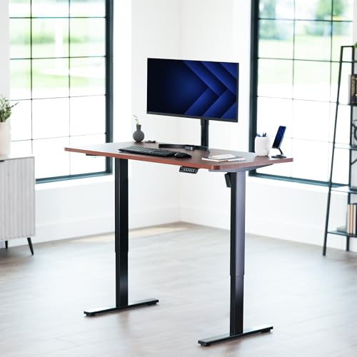 Image of VIVO Dark Walnut 55 x 28 in Standing Desk, DESK-KIT-1B55D | Electric, Holds 220 lbs, Sit Stand, Height Adjustable, Solid One-Piece Table Top, Memory Presets, 1B Series, Black Frame