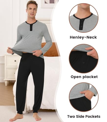 Image of NACHILA Mens Pajamas Set Long Sleeve Henley Sleepwear Top Soft Jogger Pants Pajamas Cool Pjs Set,Viscose Made from Bamboo
