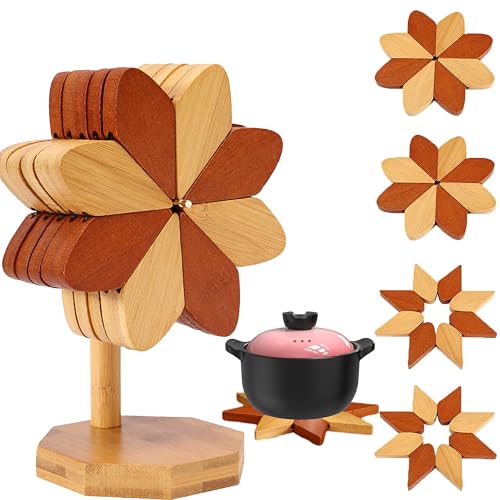 Sottopentola in legno per piatti caldi, 5 pezzi Set di Sottopentola a Forma mulino a vento, Tappetino Pieghevole Resistente Al Calore, Pratici tappetini caldi, Sottopentola per ciotole e piatti