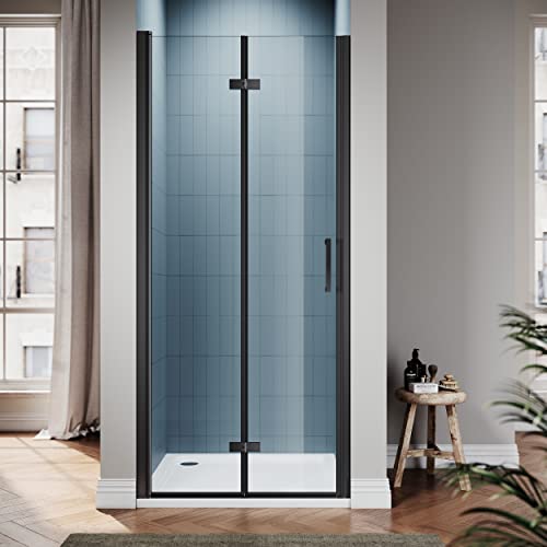 SIRHONA Porte de douche Noir Coulissante 76x195cm Porte de douche Pivotante en Verre Transparent 6mm Securit