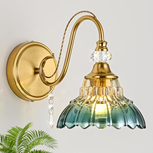 Image of 1 Piece Vintage Wall Sconce, 1-Light Brushed Gold Finish Wall Sconce with Hanging Crystal Accents and Flower-Shaped Teal Shades for Bathroom Bedroom Living Room,Vintage Vanity Light