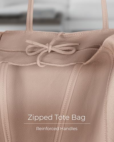 Image of Genuine Italian Leather Tote Bag for Women, Large Slouchy Purse, Nude | Unstructured bag, raw unlined interior with zip pocket, top zipper, side ties, folds flat, fits a 16-inch laptop, lightweight