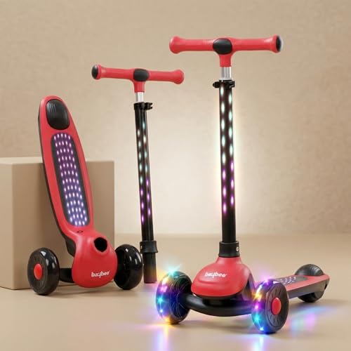 Image of Baybee Zyro Kick Scooter for Kids | 3 Wheel Kids Scooter with 3 Height Adjustable & LED Lights | Skate Scooters with Music & Foot Brake | Indoor Outdoor Toddler Scooters for 2 to 10 Years (Red)