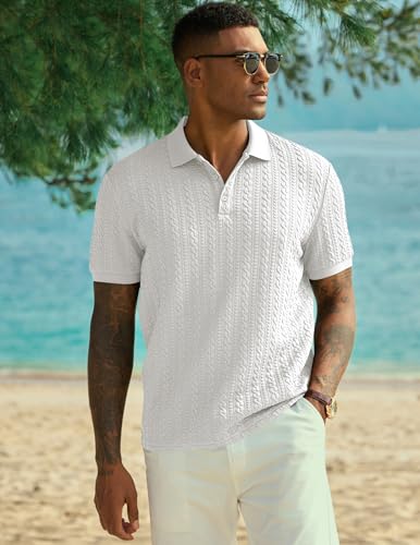 Image of JMIERR Men's Casual Polo Shirt Knitted Textured Short Sleeve Stretch Golf Shirt Summer Vacation Beach Collared Shirts