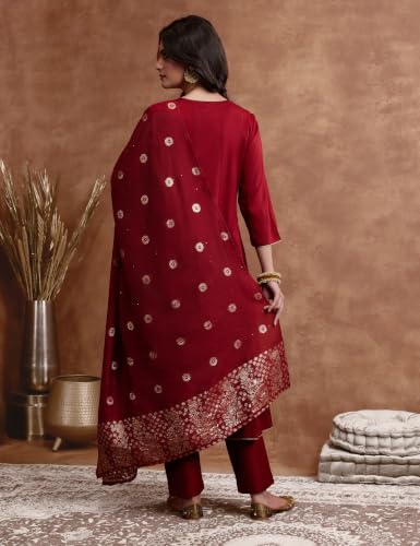 Image of Amazon Brand - Myx Women's Embroidered Kurta Suit Set with Dupatta with Jaquard Dupatta | A-Line Salwar Suit Set (Available in Plus Sizes)