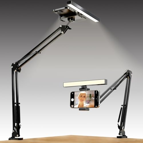 Desk Selfie Light with Overhead Phone Mount, Adjustable Arm & Phone Holder, USB Powered Video Light for Content Creation, Photo Shooting, Live Streaming，Video Recording
