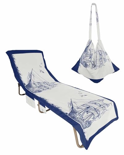 Navy Blue Nautical Beach Lounge Chair Towel Cover, Soft Chaise Lounge Towel with Side Pockets Patio Pool Chairs Cover for Beach/Pool Sunbathing 29x85 Beach Ocean Coastal Seaside Sailboat