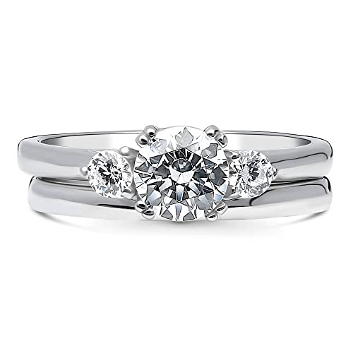 BERRICLE Sterling Silver 3-Stone Wedding Engagement Rings 0.8 Carat Round Cut Cubic Zirconia CZ Ring Set for Women, Rhodium Plated2