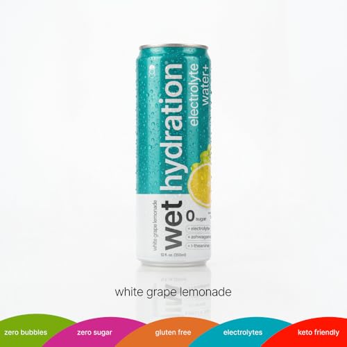 Image of Wet Hydration Wellness Water | Electrolyte Drink with Ashwagandha & L-Theanine - White Grape Lemonade (12oz Cans, Pack of 12) | Zero Sugar, 10 Calories, Zero Bubbles, Functional Hydration