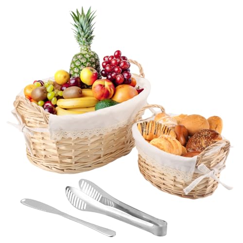 2Pac Handmade Bread Basket with Handle, Wicker Baskets for Serving Set 2 Sizes, Sourdough Bread and Pastries Basket with Removable Liner and Cheese Knife and Kitchen Serving Tong