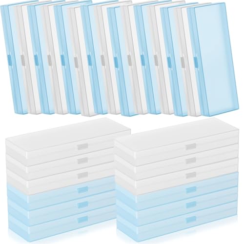 Image of Fainne 24 Plastic Pencil Case Bulk Hard Pencil Boxes with Snap Lid Crayon Maker Pen Organizer Stackable Craft Storage Boxes for School Supplies(Single Layer,White, Blue,7.09 x 2.36 x 0.98 Inch)