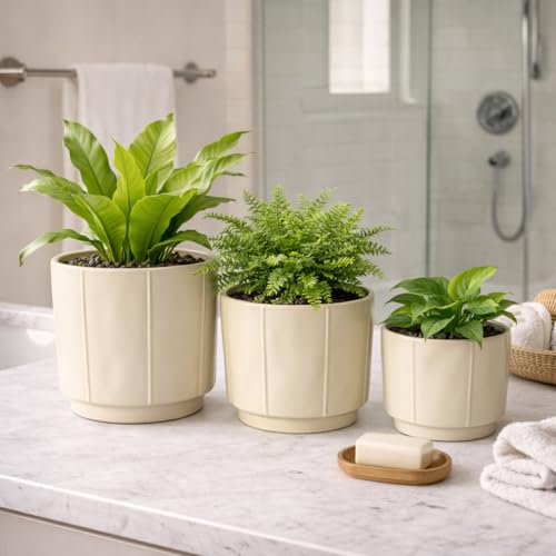 Image of Xtore Linea Ceramic Planter Set | Minimal Straight-Line Plant Pots for Home & Office Decor - (Set of 3, Cream, Planter ONLY)