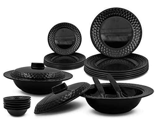 Konvio Kitchen - Juego de vajilla irrompible de melamina negra, platos y cucharas (22 piezas, base negra)