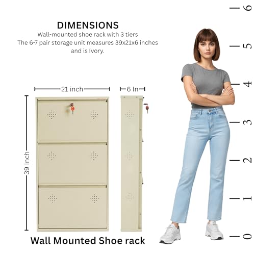 Image of 3 Door Wall Mounted Metal Shoe Rack Cabinet, Ivory, 39x21x6 Inch