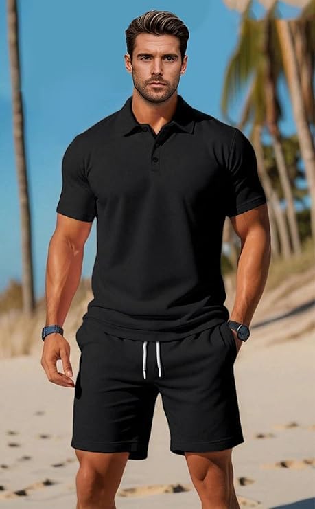 Image of Jawdrobe Co-ord Set for Men - Polo T-Shirt & Shorts Set | Loungewear, Beachwear & Daily Comfort