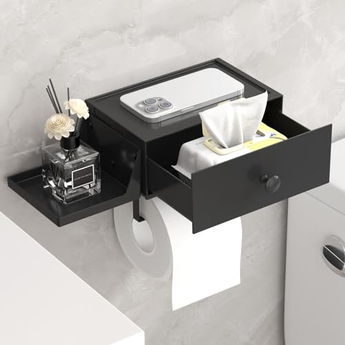 Lifewit Plastic Toilet Paper Holder with Shelf and Drawer Screw or Adhesive Wall Mount Tissue Roll Storage Sturdy Bathroom Wipes Dispenser Organizer Black 1 Pack