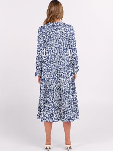 Image of ANRABESS Women's Long Lantern Sleeve Floral Midi Dresses 2026 Fall V Neck Casual Flowy A-line Tiered Boho Vacation Dress