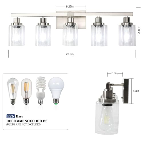 Image of Bathroom Vanity Light, 5-Light Nickel Modern Matte Wall Sconce Lighting with Clear Glass Shade, Wall Lights,Bath Vintage Wall Mounted Lamps for Mirror Bedroom Living Room