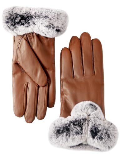 VIKIDEER Elegantes guantes con forro de piel súper cálidos para mujer, guantes de piel de conejo, forro y puños para pantalla táctil, Marrón, XL