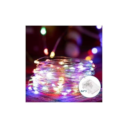 Brightium Cadena de luces LED con alambre de cobre, alimentación 3AA, colores RGBY, longitud 10 m, ideal para decoraciones y ambientes festivos.