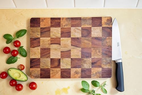 Image of Acacia & Mango Wood End Grain Chopping Board 40x30x2.5 cm | Butcher Block | Reversible Cutting & Serving Platter | Chess Board Design
