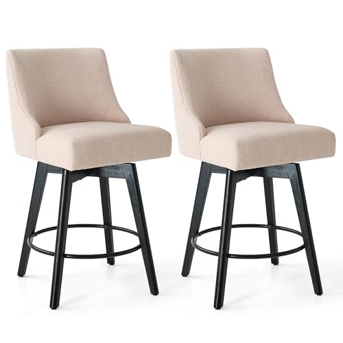 Image of Swivel Counter Height Bar Stools Set of 2, Modern Fabric Swivel Barstools with Contoured Back and Solid Wood Legs, Upholstered Counter Stool Bar Chairs for Kitchen Island, Home Bar, Beige