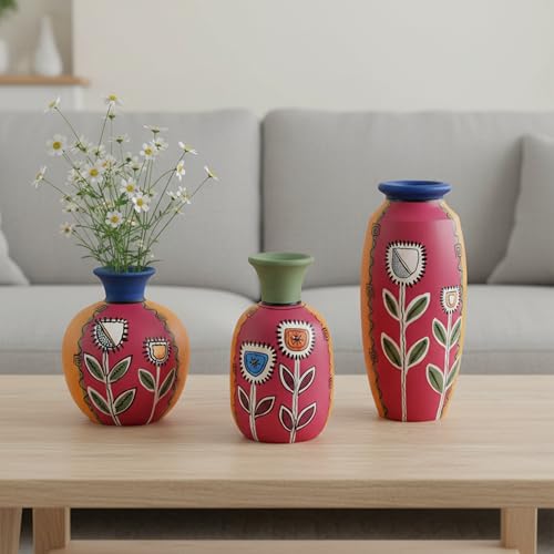 Image of Aakriti Art Creations Smiling Flowers Colorful Vases Set of 3 in Magenta | Handmade Terracotta Flower Vases | Matte Finish Decorative Vases for Living Room, Table Decor & Gifting