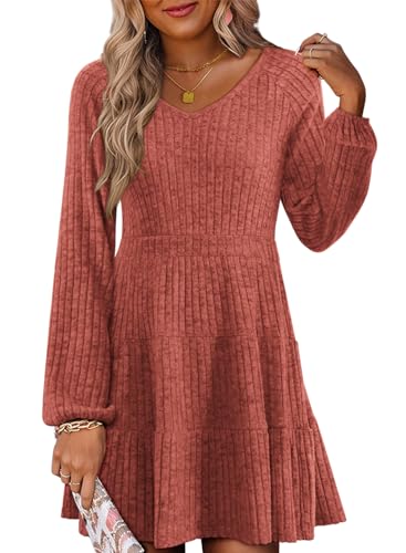 Women's Long Sleeve V Neck Sweater Dress Ribbed Knit Casual Babydoll Tiered Short  Mini Fall Tunic Dresses - Product Details