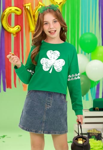 Image of Big Girl's St.Patrick's Green Long Sleeve Lucky Tops Cute Soft Funny Shamrock Tunics 12 Years