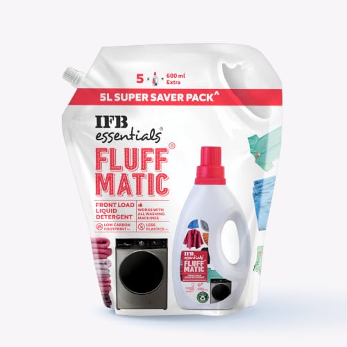 Image of IFB Essentials Fluff Matic Liquid Detergent - 5 Ltr Super Saver Pack | Removes Tough Stains | Concentrated Formula for Extra Washes | Long Lasting Floral Fragrance | Preserves Softness & Shine