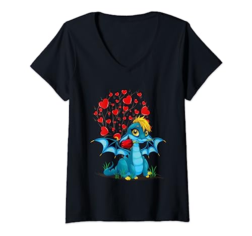 Mujer Cute Dragon Heart Valentines Day For Girls Boys Kids Dragons Camiseta Cuello V